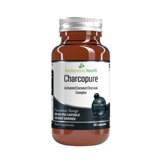 NeoGenesis CharcoPure activated charcoal supplement supporting detox digestive comfort toxin binding gas relief and gut health balance
