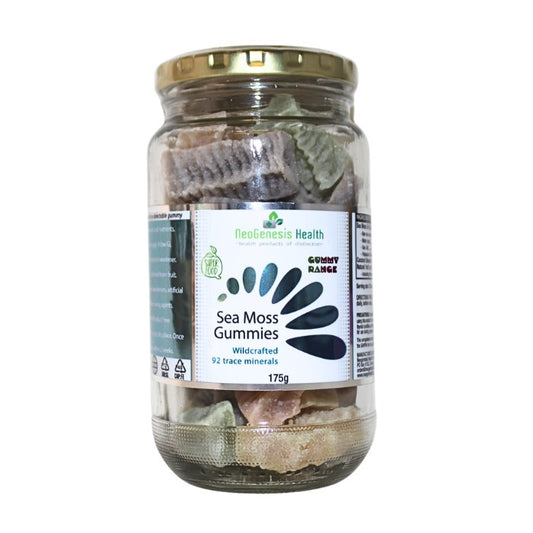 Alt text: Wildcrafted NeoGenesis Health Sea Moss Gummies in assorted natural colors, packed with 92 trace minerals for nutrient-rich superfood support.
