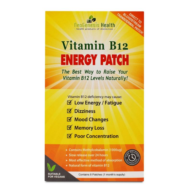 Vitamin B12 energy patch packaging with yellow and orange design on a white background