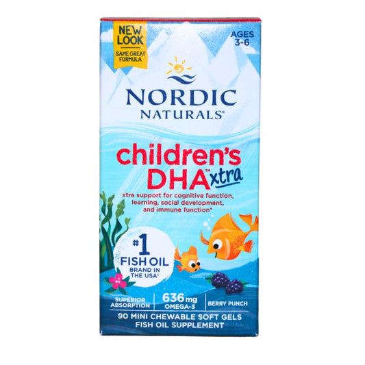 Alt tag: Box of Nordic Naturals Children’s DHA Xtra, a fish oil supplement with 636 mg Omega-3 per serving, berry punch flavor, providing extra support for cognitive function, learning, and immune health, 90 mini chewable soft gels.

