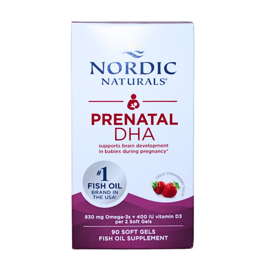 Alt tag: Box of Nordic Naturals Prenatal DHA, a fish oil supplement with 830 mg Omega-3s and 400 IU vitamin D3 per serving, designed to support brain development in babies during pregnancy, 90 soft gels.
