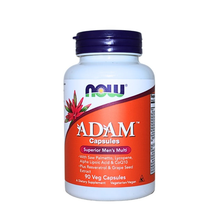 Alt tag: ADAM Capsules by NOW, a vegetarian multivitamin formulated for men with saw palmetto, lycopene, CoQ10, alpha lipoic acid, resveratrol, and grape seed extract.
