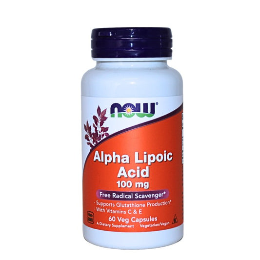 Alt tag: Alpha Lipoic Acid 100 mg by NOW, a vegan dietary supplement that supports antioxidant activity, glutathione production, and cellular protection with vitamins C and E.
