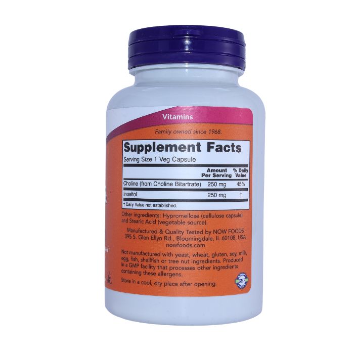 NOW Choline & Inositol supplement facts detailing Choline and Inositol content for cognitive and liver support.