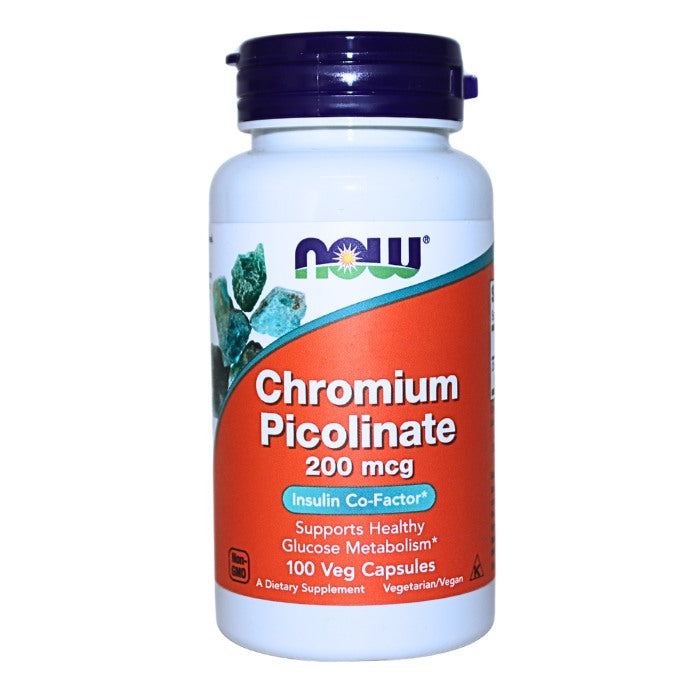 Alt tag: Chromium Picolinate 200 mcg by NOW, a vegan supplement designed to support healthy glucose metabolism and function as an insulin co-factor.
