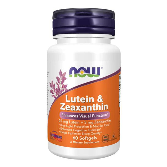 NOW Lutein & Zeaxanthin, enhances visual function, blue light protection, macular care, 25 mg Lutein + 5 mg Zeaxanthin, 60 softgels.