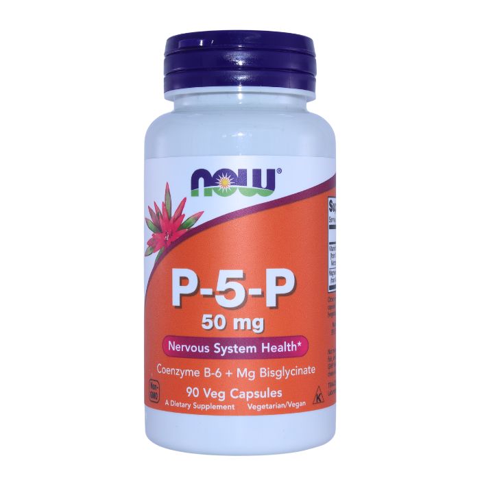 NOW Foods P-5-P 50 mg supplement bottle, labelled for Nervous System Health with Coenzyme B-6 and Magnesium Bisglycinate, 90 Vegetarian Capsules.