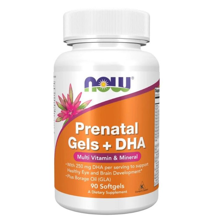 NOW Prenatal Gels + DHA multivitamin and mineral dietary supplement with DHA, borage oil and essential nutrients for prenatal support.

