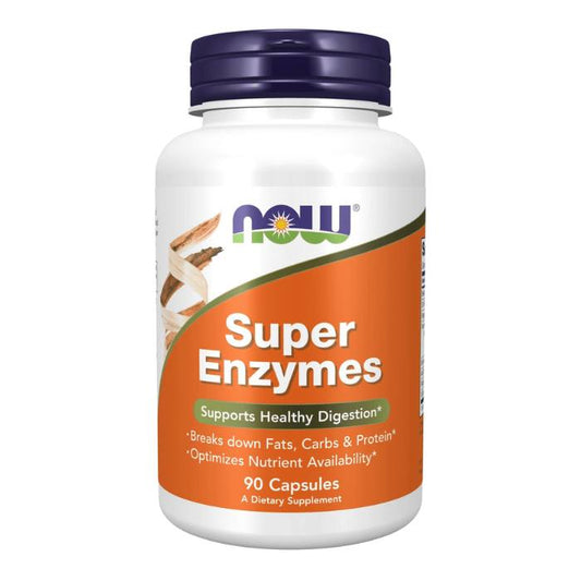 NOW Super Enzymes 90 Capsules, supports healthy digestion, breaks down fats, carbs, and protein, optimises nutrient availability.