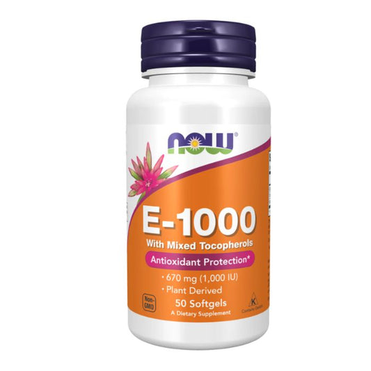 NOW Vitamin E - 1000 with Mixed Tocopherols, antioxidant protection, 670 mg (1000 IU), plant-derived, 50 softgels, non-GMO.
