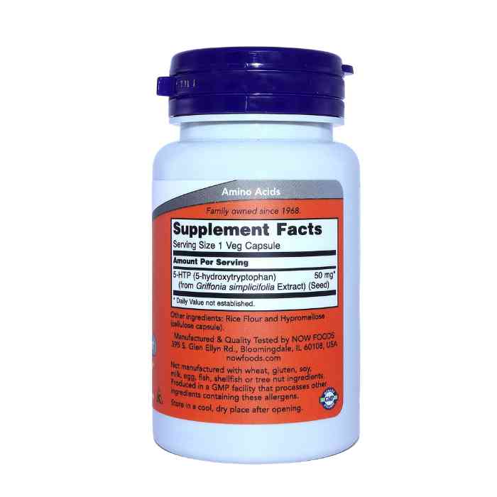 Back view of NOW 5-HTP 50 mg supplement, displaying the supplement facts and ingredients, including 5-hydroxytryptophan from Griffonia simplicifolia extract.