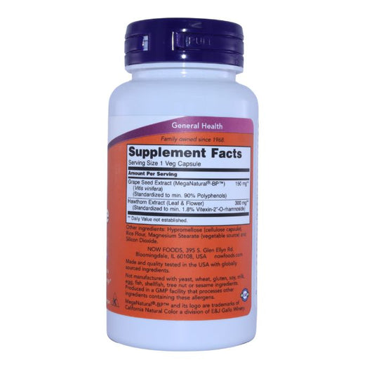 Back view of NOW Blood Pressure Health bottle showing the supplement facts, detailing the content of grape seed extract (MegaNatural-BP) and hawthorn extract per capsule.