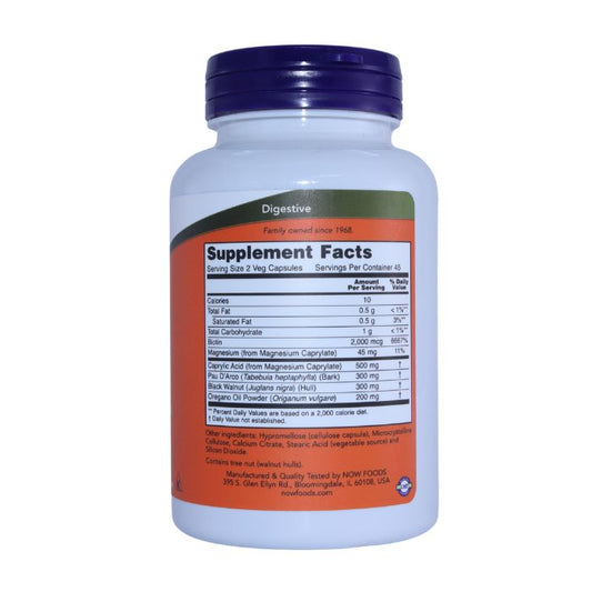 NOW Candida Support supplement facts highlighting ingredients like Pau D'Arco, Oregano Oil, and Black Walnut for gut health.