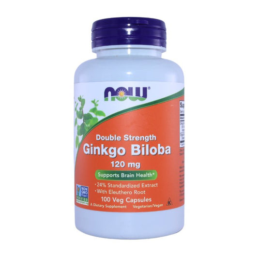 Front view of a NOW Ginkgo Biloba 120mg bottle, showing the label and product details.