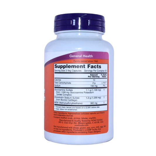 Back view of a NOW Glucosamine & Chondroitin with MSM bottle, displaying supplement facts and ingredients.