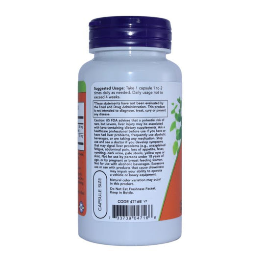 Back view of NOW Kava Kava Extract 250mg supplement bottle, showing suggested usage instructions and cautionary information.