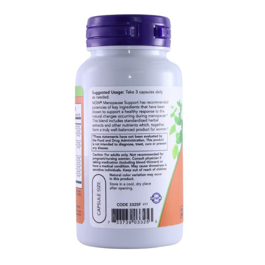 Back view of NOW Menopause Support supplement bottle, showing suggested usage instructions and cautionary information.