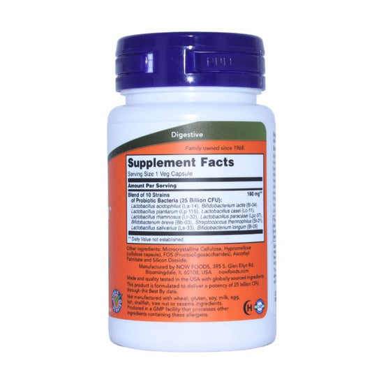 Side view of NOW Foods Probiotic-10 25 Billion supplement bottle, displaying supplement facts and details of the 10 probiotic strains.