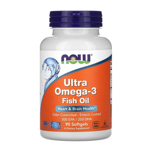 NOW Ultra Omega-3 Fish Oil, 90 Softgels – High-potency omega-3 supplement for heart and brain health, featuring 500 EPA / 250 DHA, available at The Good Stuff.