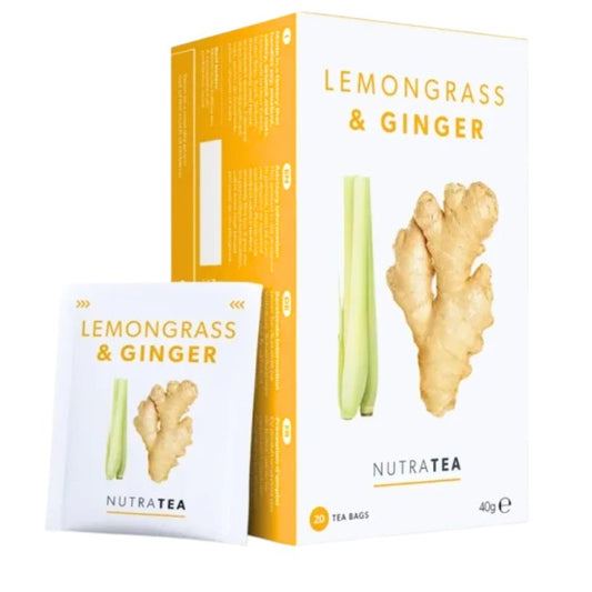 Alt tag: NutraTea Lemongrass & Ginger Tea crafted with natural ingredients to support digestion, ease nausea, and provide a soothing, invigorating herbal blend.
