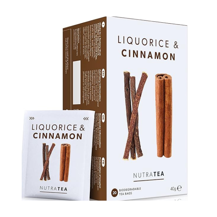 NUTRA TEA Liquorice & Cinnamon – Caffeine-free herbal tea with liquorice root and cinnamon for energy, immune and blood sugar support.