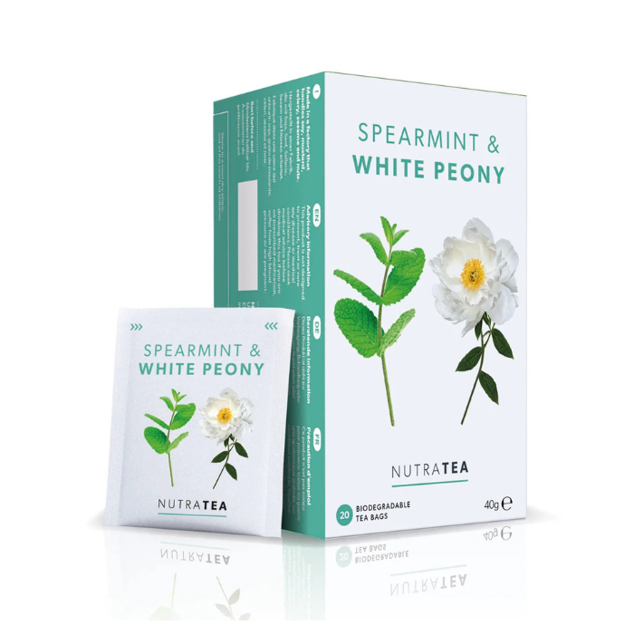 NUTRA TEA Spearmint & White Peony – Caffeine-free herbal tea with spearmint and white peony to support digestion and women’s health.