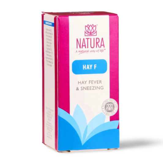 NATURA Hay F – homeopathic relief for hay fever, sneezing, runny nose, and allergy symptoms, gentle and non-drowsy formula.