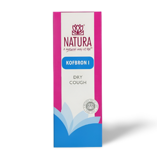NATURA Kofbron I – homeopathic remedy for dry, persistent cough and throat irritation, safe and non-drowsy respiratory support.
