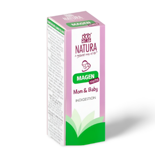 NATURA BABY Magen Melts support gentle indigestion relief for moms and babies with a homeopathic formula for digestive comfort.