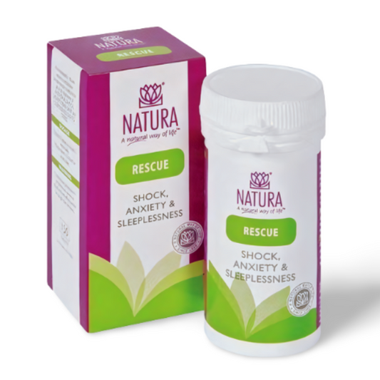 NATURA Rescue Tablets – natural homeopathic support for shock, anxiety, stress and sleeplessness in a safe daily-use formula.