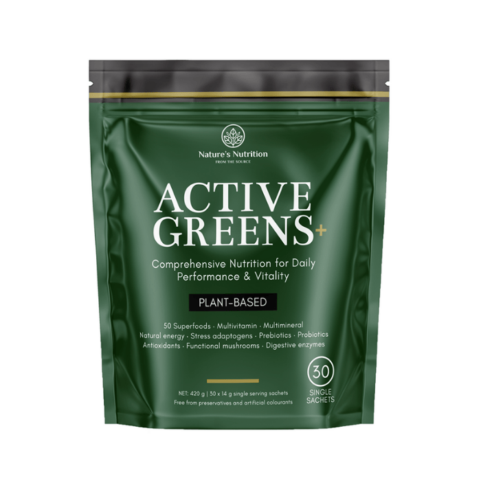 Nature's Nutrition Active Greens+ 30 Sachets – Plant-based superfood blend with vitamins, minerals, probiotics, adaptogens, and antioxidants.