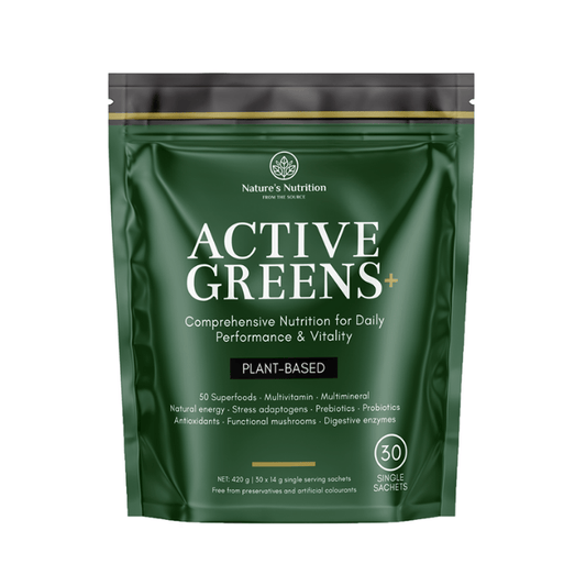 Nature's Nutrition Active Greens+ 30 Sachets – Plant-based superfood blend with vitamins, minerals, probiotics, adaptogens, and antioxidants.