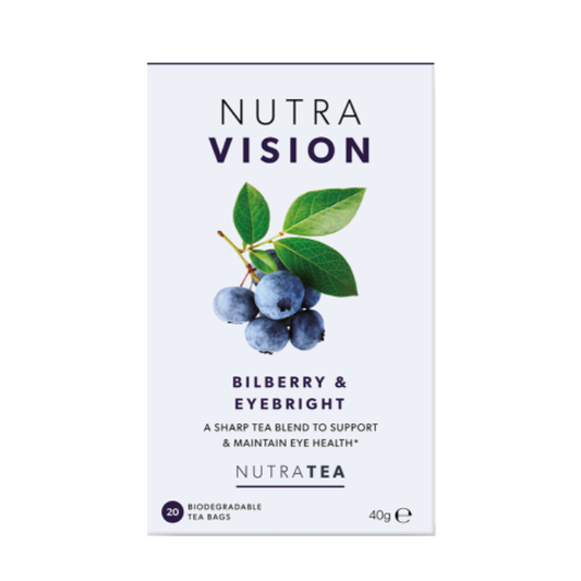 NUTRA TEA Vision herbal tea with eyebright, bilberry and green tea to support visual clarity, eye function and antioxidant protection.