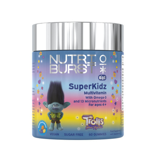 Nutriburst Super Kidz Multivitamin Gummies with omega 3 vitamins and minerals supporting children's growth immunity bone health