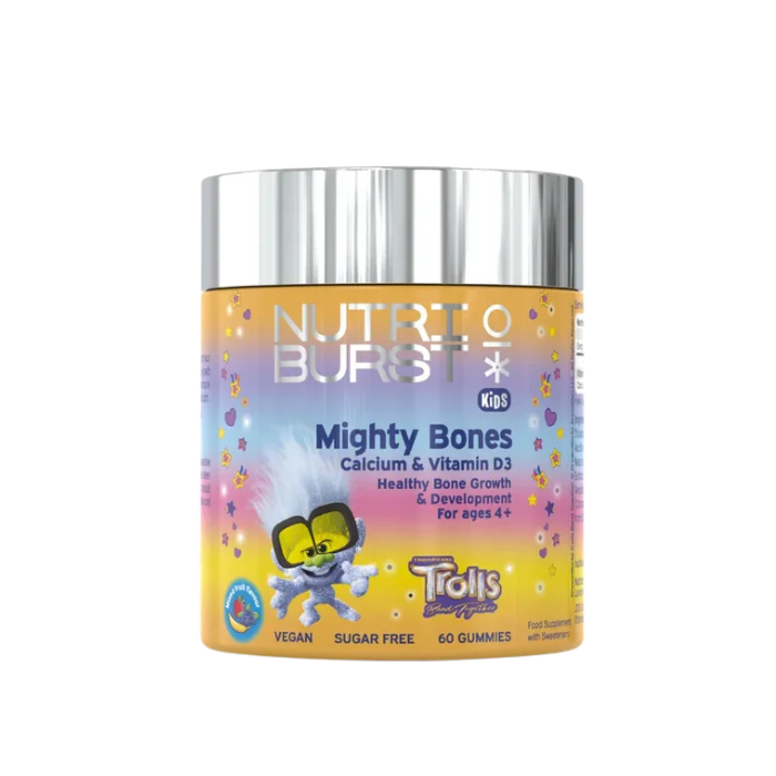 Nutriburst Kids Mighty Bones calcium and vitamin D3 gummies supporting healthy bone growth and immune health for children daily