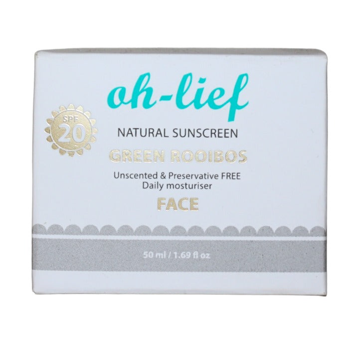 Oh-Lief Natural Sunscreen Green Rooibos Face SPF 20 provides daily moisturising sun protection with antioxidant-rich rooibos, ideal for sensitive skin.
