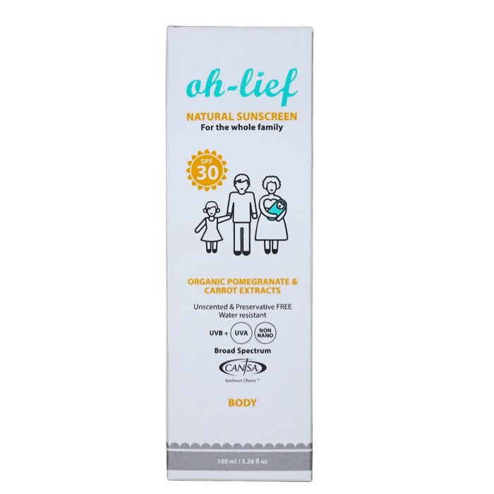 Oh-Lief Natural Sunscreen Body SPF 30 offers broad-spectrum sun protection with organic pomegranate and carrot extracts, suitable for the whole family.
