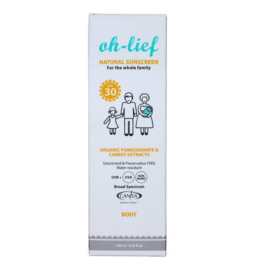 Oh-Lief Natural Sunscreen Body SPF 30 offers broad-spectrum sun protection with organic pomegranate and carrot extracts, suitable for the whole family.
