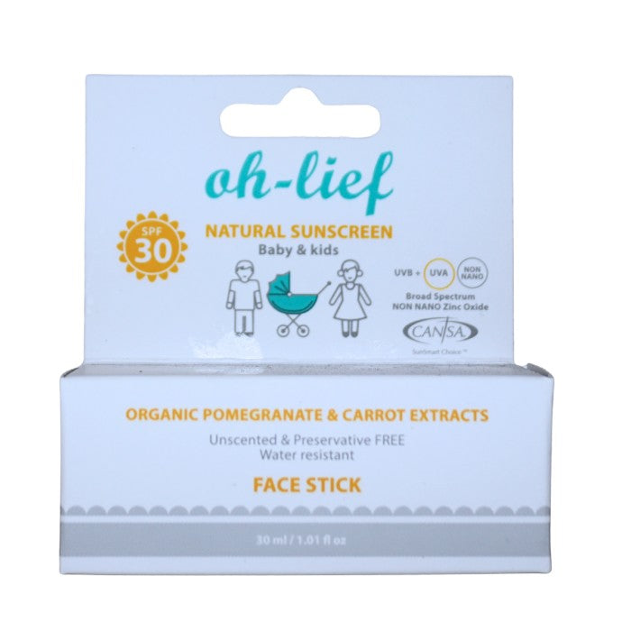 Oh-Lief Natural Sunscreen Face Stick SPF 30 offers broad-spectrum UVA and UVB protection with organic pomegranate and carrot extracts for babies and kids.
