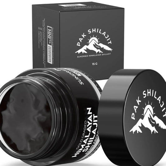 PAK Shilajit Resin 15g in black jar and box packaging with white Himalayan mountain logo – premium sundried Himalayan shilajit