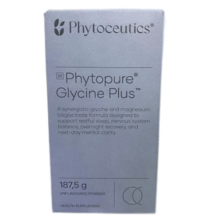 Phytoceutics Phytopure Glycine Plus unflavoured glycine and magnesium bisglycinate powder for restful sleep and mental clarity.
