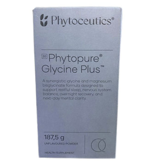 Phytoceutics Phytopure Glycine Plus unflavoured glycine and magnesium bisglycinate powder for restful sleep and mental clarity.
