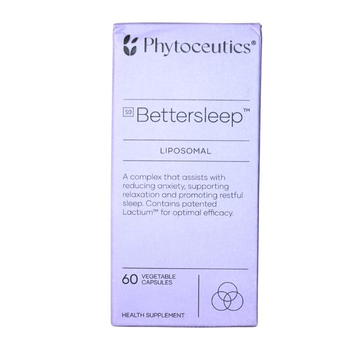 Alt text: Phytoceutics Bettersleep Liposomal supplement formulated to reduce anxiety, support relaxation, and promote restful sleep with patented Lactium for optimal efficacy.
