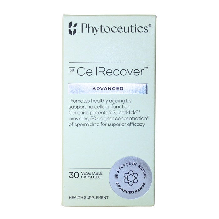 Alt text: Phytoceutics CellRecover Advanced supplement designed to promote healthy ageing by supporting cellular function with high-concentration spermidine for superior efficacy.
