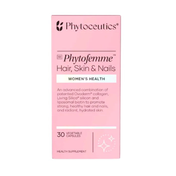 Alt tag: Phytoceutics Phytofemme Hair, Skin & Nails, 30 capsules, supports women’s health with collagen, biotin, and silica for beauty and strength.

