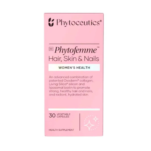 Alt tag: Phytoceutics Phytofemme Hair, Skin & Nails, 30 capsules, supports women’s health with collagen, biotin, and silica for beauty and strength.
