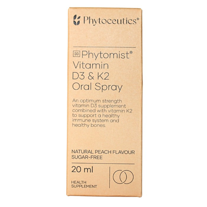 Alt text: Phytoceutics Phytomist Vitamin D3 & K2 Oral Spray with natural peach flavour to support immune health, strong bones, and overall wellness.
