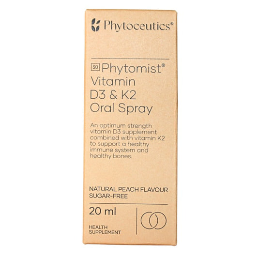 Alt text: Phytoceutics Phytomist Vitamin D3 & K2 Oral Spray with natural peach flavour to support immune health, strong bones, and overall wellness.
