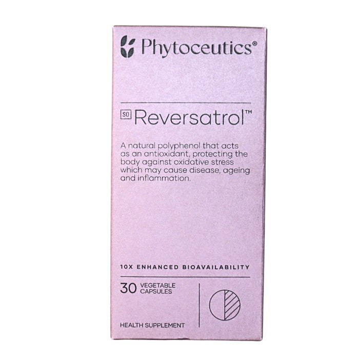 Alt text: Phytoceutics Reversatrol antioxidant supplement with natural polyphenols to protect against oxidative stress, support healthy ageing, and reduce inflammation risk.
