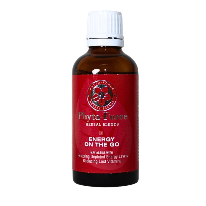 Alt text: Phyto-Force Energy On The Go herbal blend designed to help restore depleted energy levels and replace lost vitamins for daily vitality.

